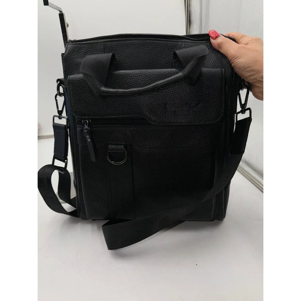 Cheer Soul Black Pebbled Leather Messenger Bag Crossbody Multi Pocket Travel Bag